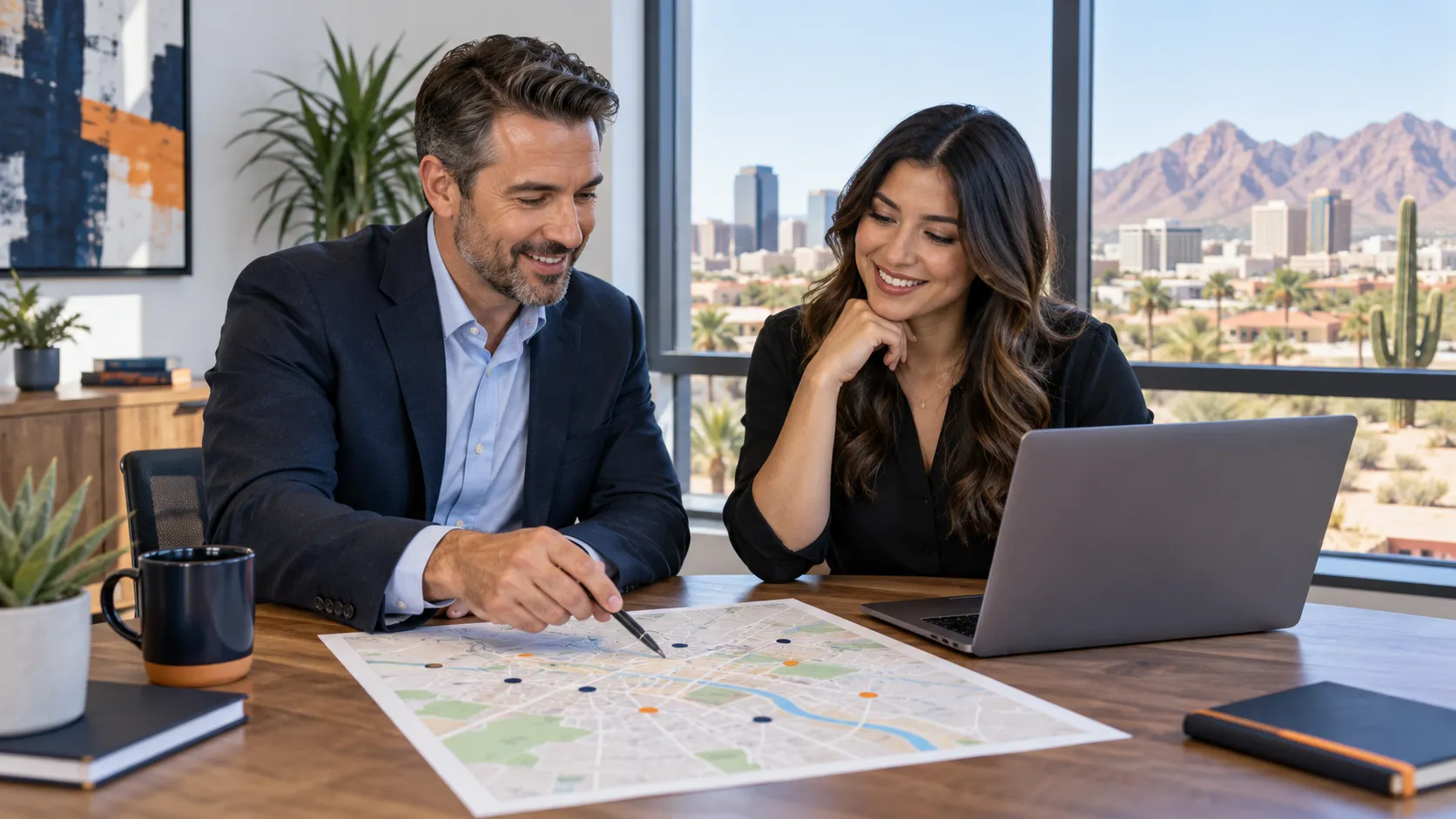 An advisor and a business owner reviewing a map and a laptop together.